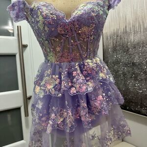 Lavender Iridescent Sequin Lace Tiered Dress